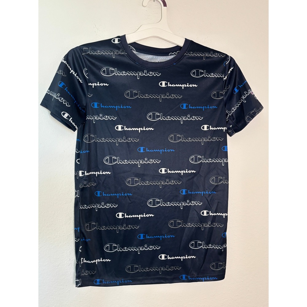 Champion Boys Navy Blue All Over Logo Print Performance T-Shirt Size 14/16 L - Picture 1 of 4